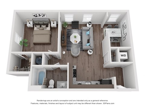 Floor plan for 1 bed, 1 bath, 657 sqft